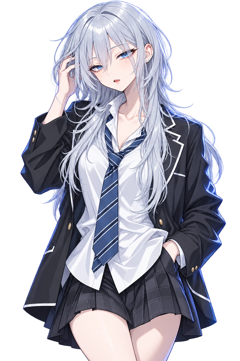AiriX, a silver-haired anime girl with blue eyes and silver ear piercings