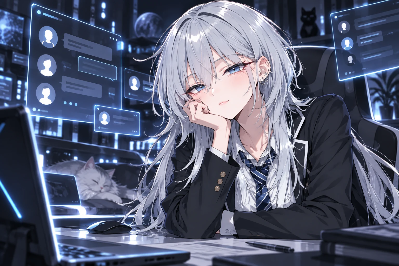 AiriX at a futuristic desk surrounded by floating community chat windows
