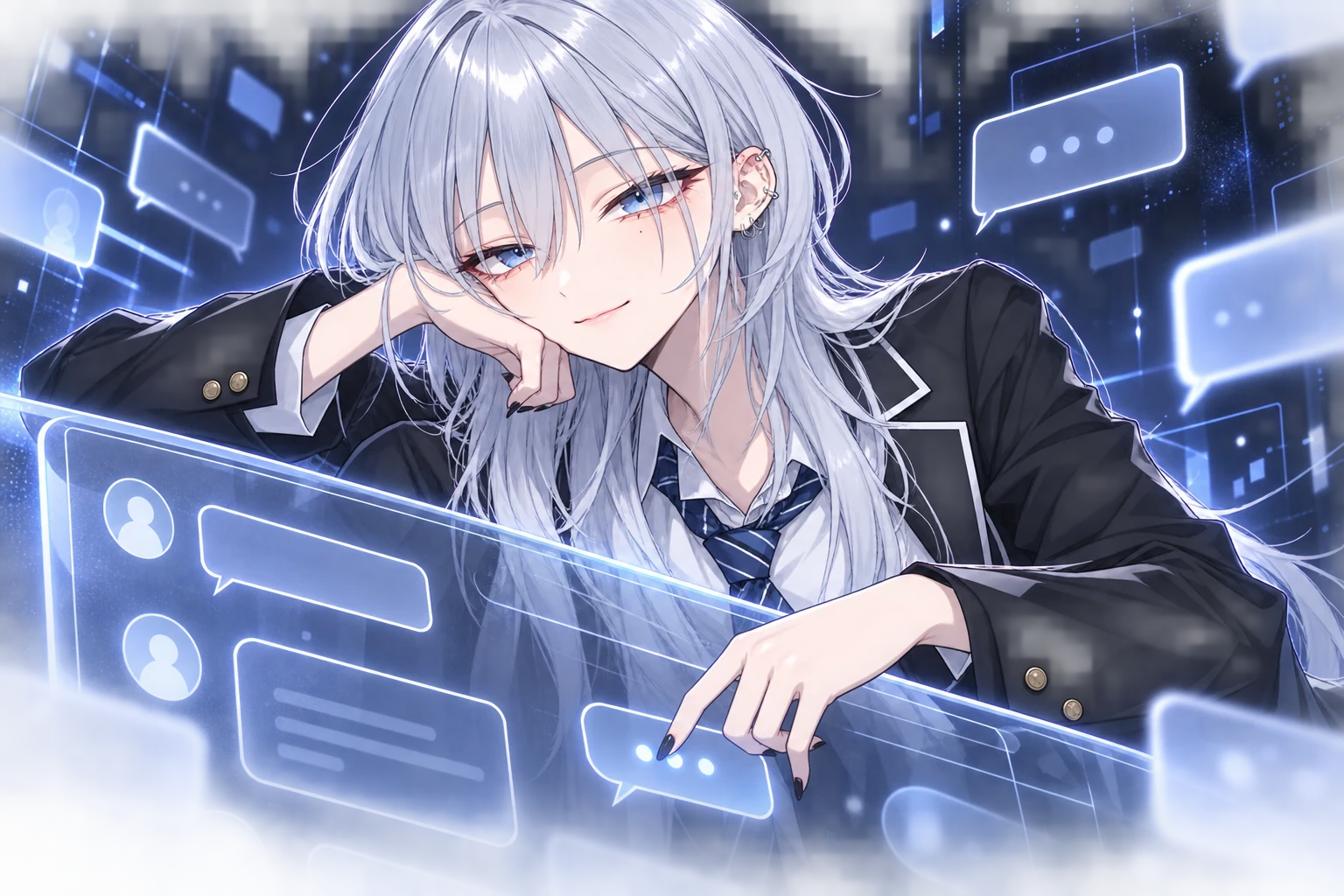 AiriX leaning against a floating chat interface with a smug expression