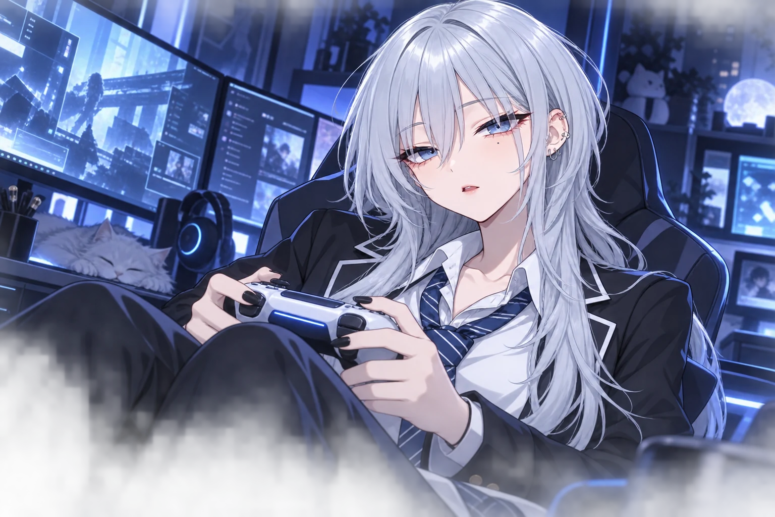 AiriX playing a game with a controller in a blue-lit gaming room