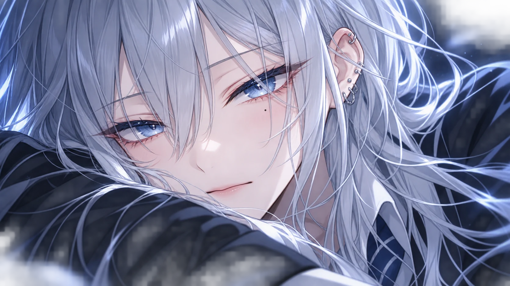 Cinematic close-up of AiriX's blue-grey eyes and silver hair